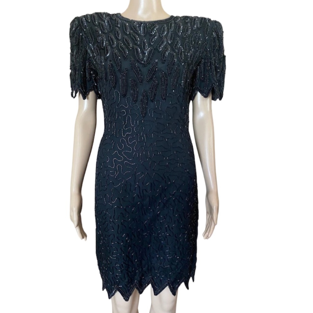 Vintage 80s Lawrence Kazar Sequin Abstract Bead Silk Scallop Flapper Min… - Picture 16 of 16